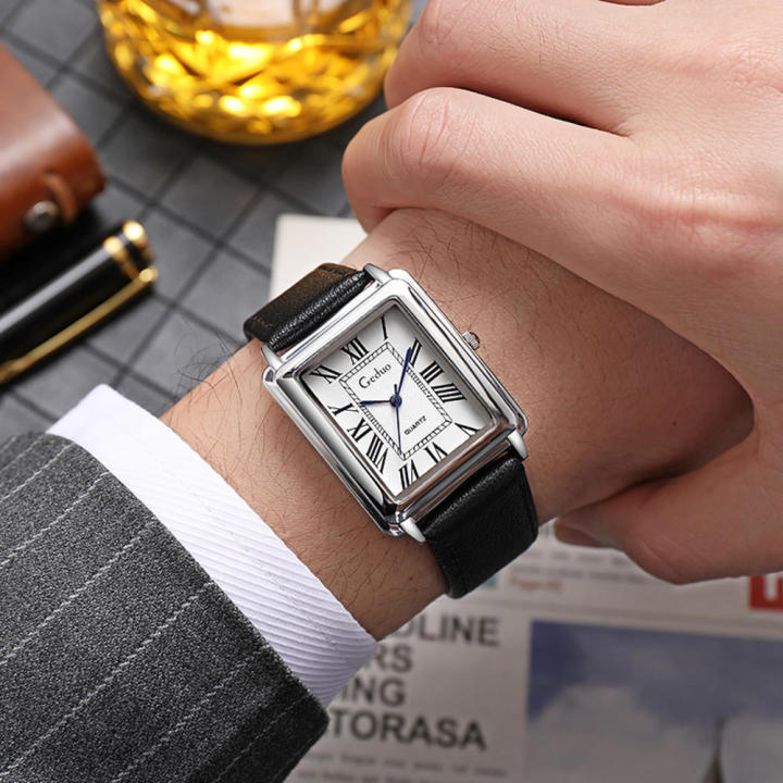 Square Design Men'S Belt Watch Stylish Leather Strap Elegant Finish Men'S Watch Roman Numerals Square Watch For Business Attire