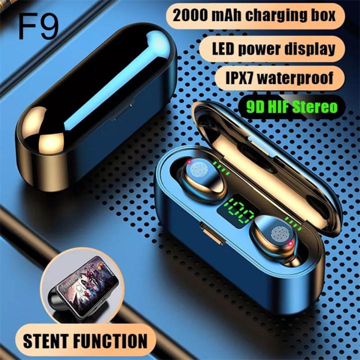 F9 TWS Headphone Bluetooth 5.1 Wireless Gaming Sports Earphone With Mic HIFI Stereo 9D Ear buds HD LED 3D Touch