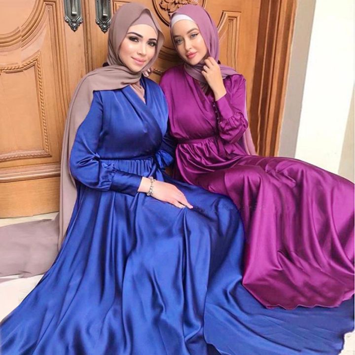 ladies Long Sleeve Satin Maxi Dress Solid Color Modest Abaya Islamic  Clothing Turkey Lace Up Belt Muslim Dress | Daraz.com.bd