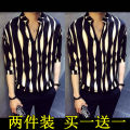 Online Red VIP Shirt Social Casual Korean Style Trend Hair Stylist Striped Pullover Shirt. 