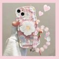 Sweet Pink Flower Cute Phone Case with Holder Strap for iPhone 14 12 13 11 Pro Max Mini XR XS X 6 7 8 Plus Korean Covers Shell.