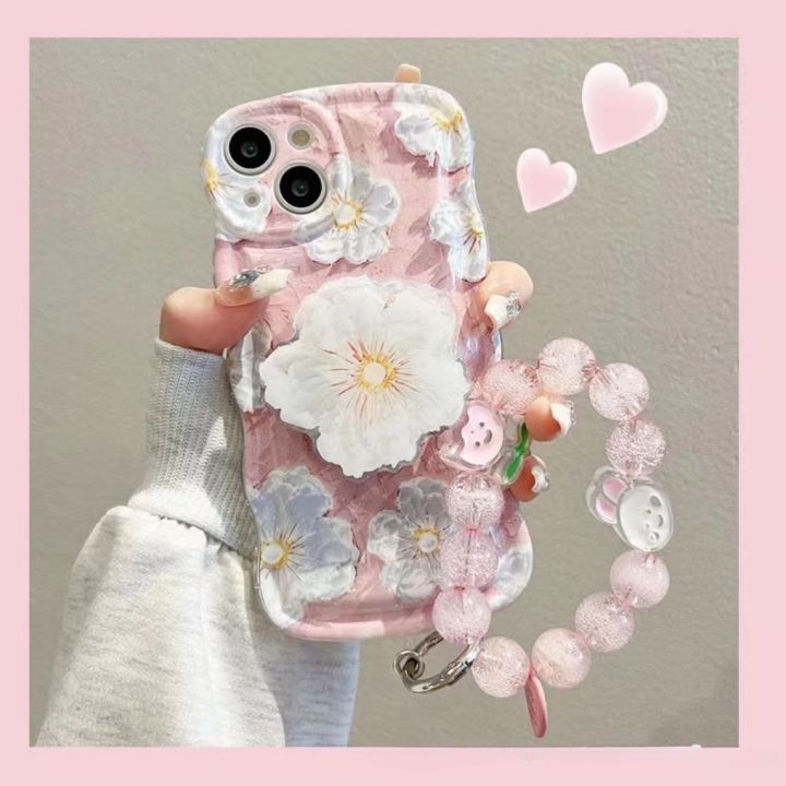 Sweet Pink Flower Cute Phone Case with Holder Strap for iPhone 14 12 13 11 Pro Max Mini XR XS X 6 7 8 Plus Korean Covers Shell