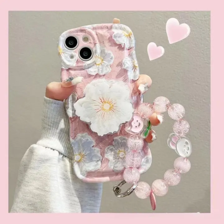 Sweet Pink Flower Cute Phone Case with Holder Strap for iPhone 14 12 13 11 Pro Max Mini XR XS X 6 7 8 Plus Korean Covers Shell