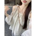 Gentle Korean Style off-the-Shoulder Strap Top Women's Summer High-Grade Temperament Wild Loose Lantern Sleeve Sun Protection Shirt. 