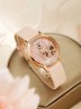 5pc Luxury Watch Women Ring Necklace Earrings Bracelet Set - New Fashion Ladies Quartz Wristwatch with Butterfly Leather Strap. 