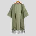Fashion Men Shirt Tassel Open Stitch Short Sleeve Streetwear Long Style Cardigan 2023 Solid Color Casual Outerwear 5XL INCERUN.