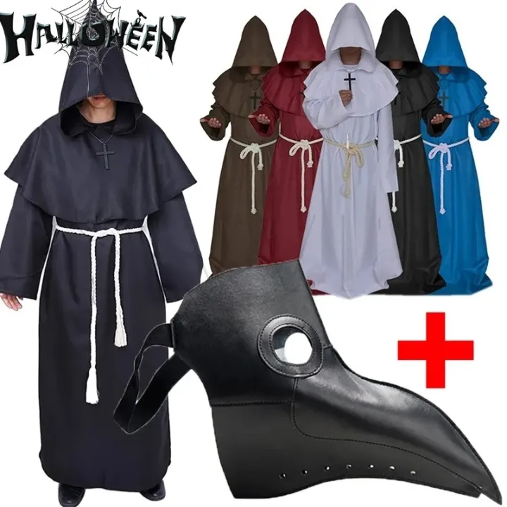Plague Doctor Costume Bird Mouth Mask Horrible Wizard Cloak Cape Halloween Medieval Hooded Robe Monk Robes Role Playing Men's Cloak Creative Halloween Cosplay Props Steampunk