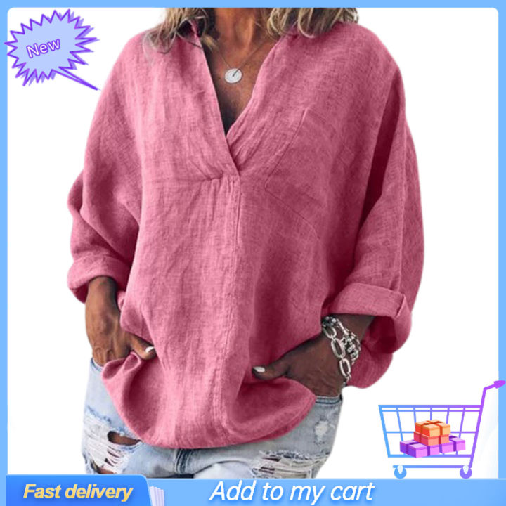 %E3%80%90Value%20Bundle%E3%80%91%20V%20Neck%20Pullover%20Women%20Shirt%20Skin-friendly%20Long%20Sleeve%20Solid%20Color%20Loose%20Blouse%20Ladies%20Clothing%20-%20Image%204