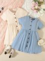Kid’s Young Girl Comfortable Casual Solid Color Round Neck Short Sleeve Pleated Shirt Dress, Suitable for Children’s Elegant Dress.