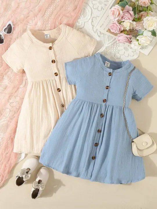 Kid%E2%80%99s%20Young%20Girl%20Comfortable%20Casual%20Solid%20Color%20Round%20Neck%20Short%20Sleeve%20Pleated%20Shirt%20Dress,%20Suitable%20for%20Children%E2%80%99s%20Elegant%20Dress%20-%20Image%206
