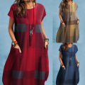 ZANZEA Women Short Sleeve Round Neck Plaid T-Shirt Dress Summer Beach Midi Dresses.