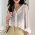 Women See-through Blouse Summer Mesh Transparent White T-Shirts Long Sleeve Casual Tops Y2k Korean Fashion Button Cardigan. 