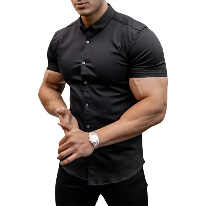 Canis-Men%20Casual%20Shirt,%20Solid%20Color%20Short%20Sleeve%20Lapel%20Neck%20Slim%20Fit%20Button-Down%20Leisure%20Tops%20-%20Image%202