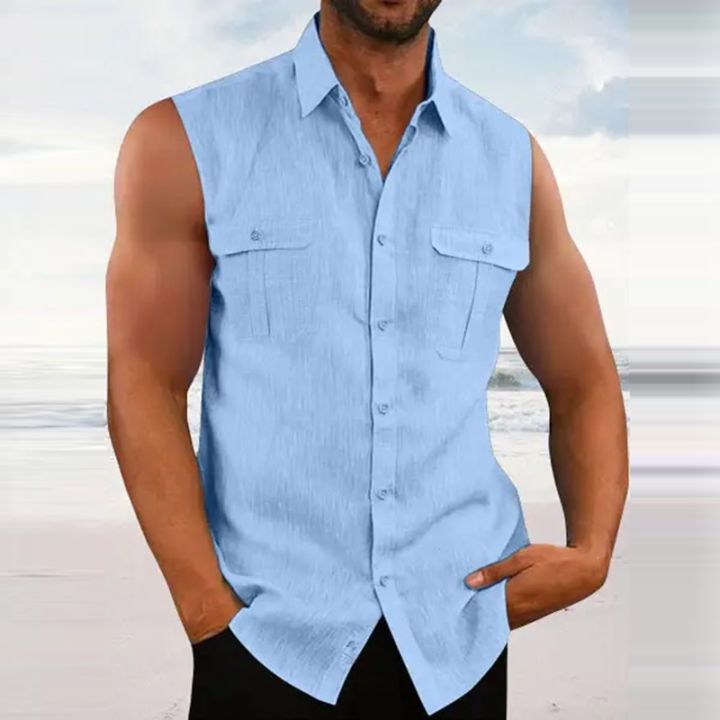 Leisure%20Men's%20Cotton%20Linen%20Tank%20Tops%202023%20Spring%20Summer%20Casual%20Solid%20Color%20Buttoned%20Lapel%20Sleeveless%20Vest%20Shirt%20Fashion%20Camisole%20-%20Image%204
