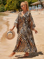 Summer Tiger Striped Print Bat Sleeves Side Split Beach Dress Plus Size Kaftan Swimsuit Bikini Cover-ups Women Beach Wear House Foocus. 