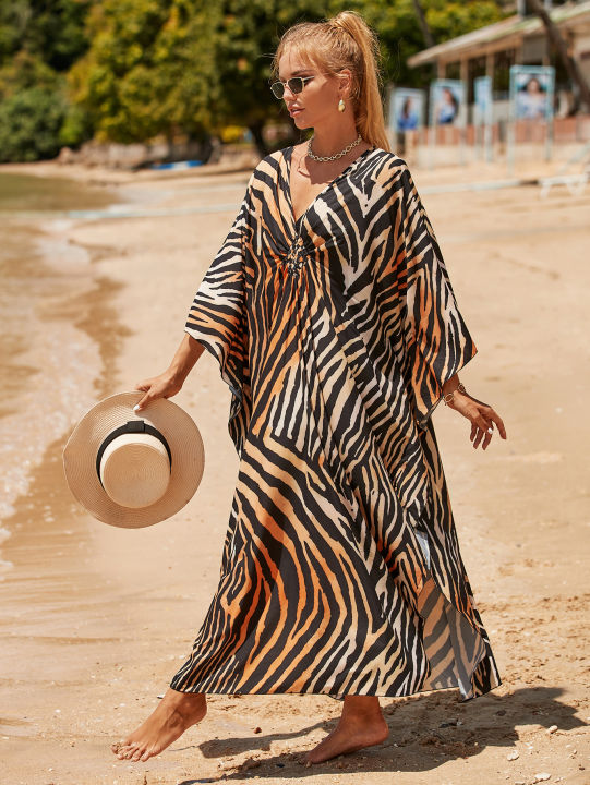 Summer%20Tiger%20Striped%20Print%20Bat%20Sleeves%20Side%20Split%20Beach%20Dress%20Plus%20Size%20Kaftan%20Swimsuit%20Bikini%20Cover-ups%20Women%20Beach%20Wear%20House%20Foocus%20-%20Image%203