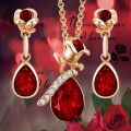 Luxury Fashion Ruby Rose Flower and Droplet Shape Pendant Necklace Earrings Set for Women Wedding Anniversary Jewelry Set Gift.