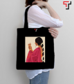 Customizely Illustrated bengali girl with saree Printed Black and White Canvas Tote Bag with Zipper for Girls.
