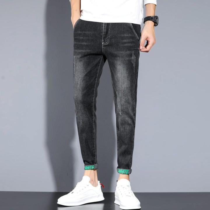 Spring and Autumn Jeans Men's Slim Fit Skinny2023New Printing Stylish Blue Men's Clothing Casual Ankle-Length Pants
