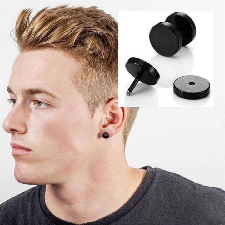 Black Dumbell Shaped Stainless Steel Stud Earrings for Men - 2 Pieces