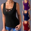 Summer Solid Color Women Clothing Cross Strap Round Neck Selveless Casual Loose Tank Top Vest Tops. 