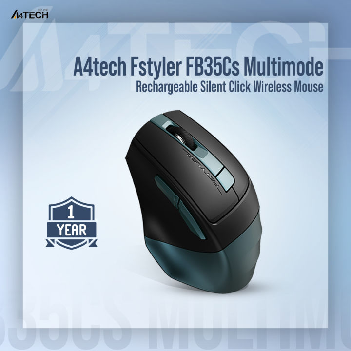 A4tech Fstyler FB35Cs Multimode Rechargeable Silent Click Wireless Mouse - Silent Click - Bluetooth + 2.4G Wireless - Rechargeable Type C- 2000 DPI - Connects 3 Devices - For PC/Laptop/Tablet/Smart TV - Midnight Green