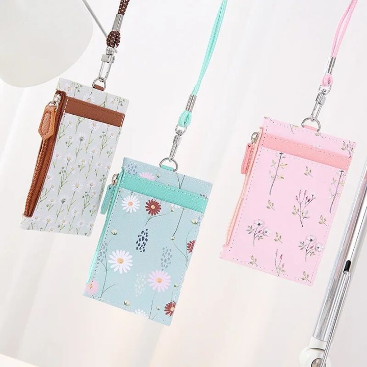 Women Floral Card Holder Wallet With Neck Strap Lanyard Badge PU Leather Wallet Bank Credit Card ID Holder Wallet Case Purse Bag