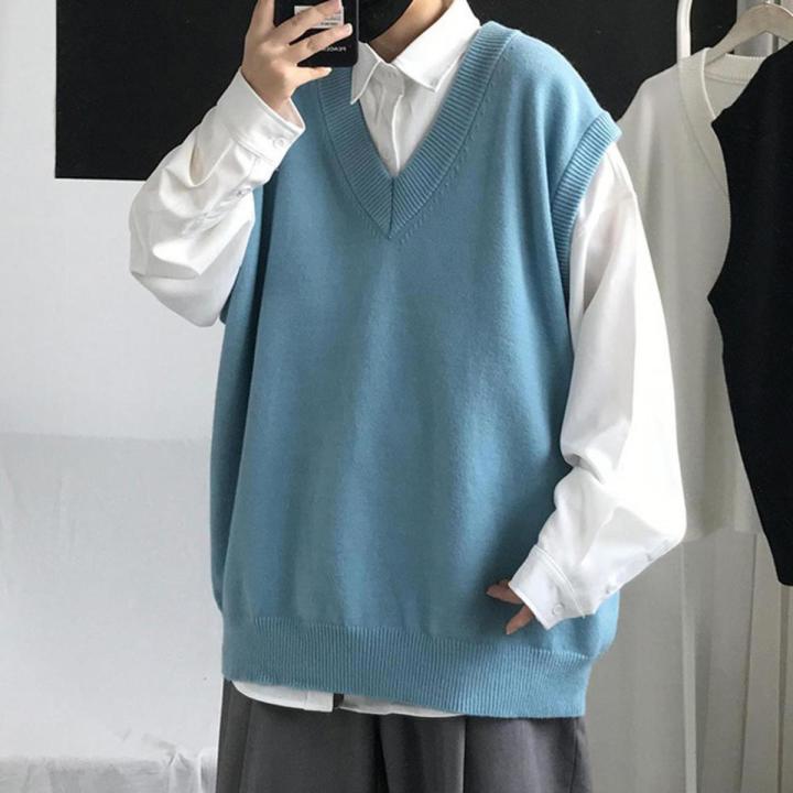 Men Sweater Vest V Neck Knitted Sweater Sleeveless All Match Spring Sweater for School Male Loose Korean Preppy Style Streetwear