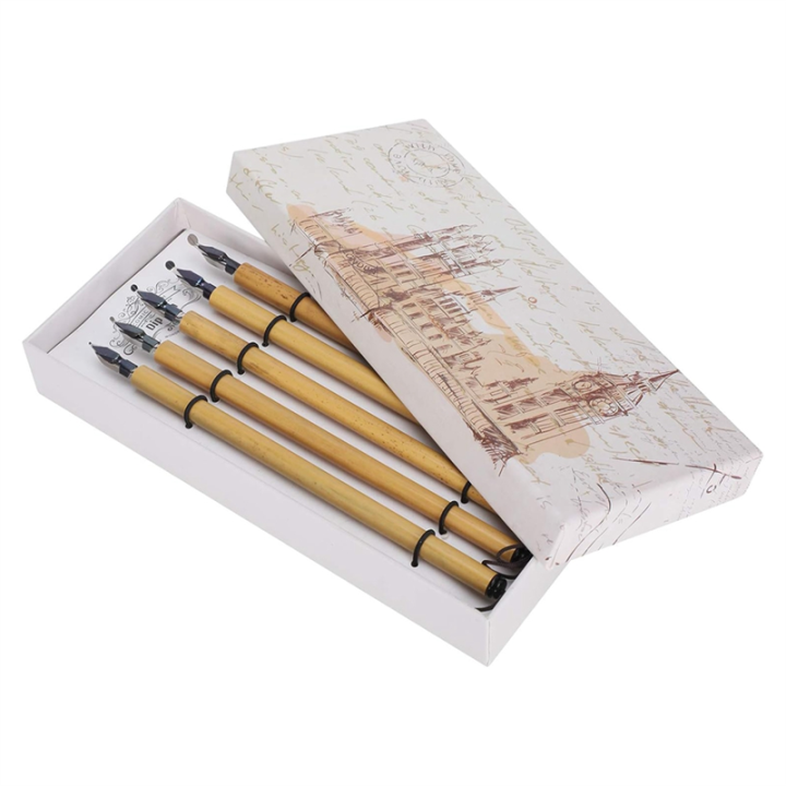 Bamboo -Qalam Pens, 5PCS Calligraphy Dip Pen, Vintage Handcrafted Calligraphy Pens (Round Nib Set)