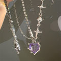 Y2K Purple Crystal Heart Pendant Necklace Women Sweet Cool Girl Punk Clavicle Chain Fashion Aesthetic Necklace Jewelry Gift 2023.