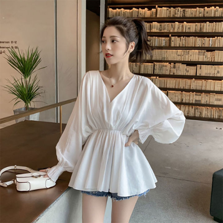 IELGY%20top%20waist%20shirt%20V-neck%20lantern%20sleeves%20design%20Korean%20version%20niche%20solid%20color%20casual%20-%20Image%203