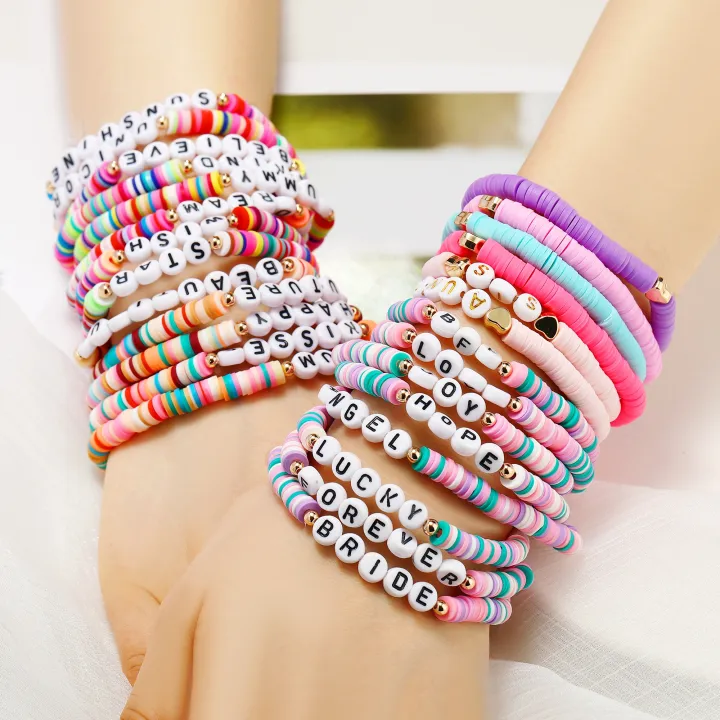 Boho%20custom%20polymer%20clay%20beads%20motivational%20bracelets%20Love%20Blessed%20name%20words%20stretch%20bracelet%20for%20women%20-%20Image%204