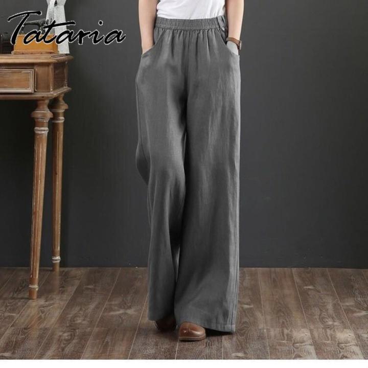 Women Cotton Linen Pants Casual Plus Size High Waisted Pants Orange Wide Leg Loose Trousers Female Gray Elegant Streetwear