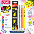 Deli EU51800 Neon Graphite HB Pencil 12 Pcs Pack for Writing & Drawing | Assorted Colors.