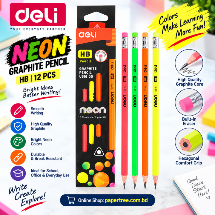 Deli EU51800 Neon Graphite HB Pencil 12 Pcs Pack for Writing & Drawing | Assorted Colors