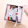 Ladies Watch Rainbow Canvas Strap Quartz Kids Wristwatch With Sports Bracelet Set. 