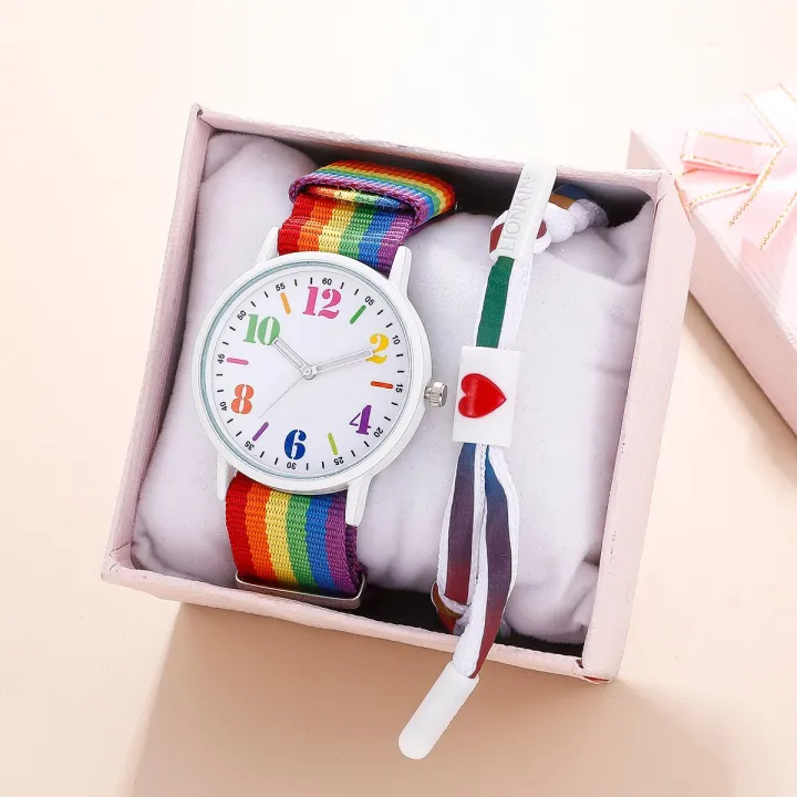 Ladies%20Watch%20Rainbow%20Canvas%20Strap%20Quartz%20Kids%20Wristwatch%20With%20Sports%20Bracelet%20Set%20-%20Image%206