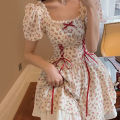 Floral Mini Dress Women Puff Sleeve Flare Shirring Design French Style Elegant.