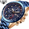 New Arrival LIGE Blue Fashion Stainless Steel Waterproof Quartz Watch.