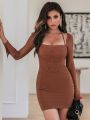 Mozision Two Layer Mesh Mini Dress For Women Elegant Square Collar Full Sleeve Bodycon Ruched Party Short Dress Vestido. 