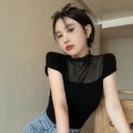 2023 Black Mesh Micro-Transparent Lace Stitching T T-shirt Summer New Hot Girl Slim Fit Fashion Short Sleeve Top Women's Clothing. 