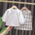 DSstyles Baby Girls Dress Set Casual Long Puff Sleeves T-shirt Plaid Knitted Tank Dress With Pearl Button Trim Outfit For Kids Toddler Girls Gifts.