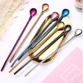 Round Threaded Straws 2 In 1 Stainless Steel Straw Spoon Reusable Straw Tableware Home Beverage Stirring Spoon Long Handle Dessert Coffee Spoon. 