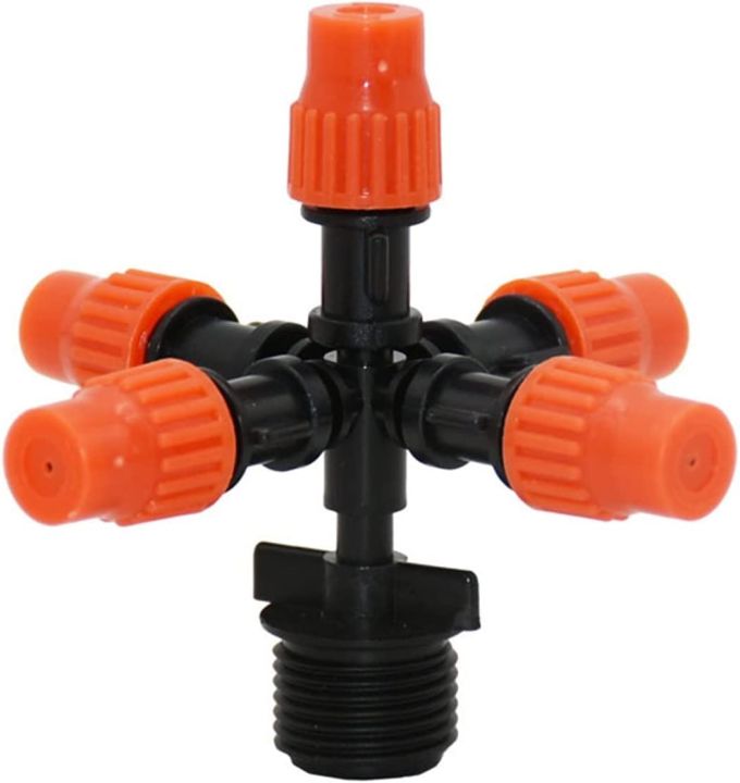Five Way Misting Atomization Fogger Nozzle (1-Pc) with Half (1/2) inch to 6mm size Adapter Connector (1-Pc) for Easy Installation on Crop Field, Nursery and Vegetable Gardens.