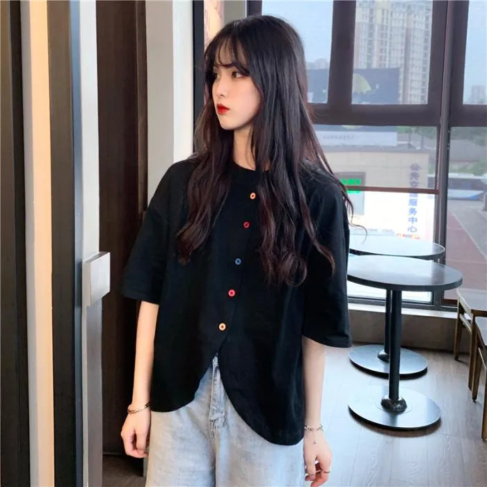 Korean%20Style%20Chiffon%20Shirt%20Women%20Solid%20Button%20Irregular%20Short%20Sleeve%20Top%20-%20Image%203