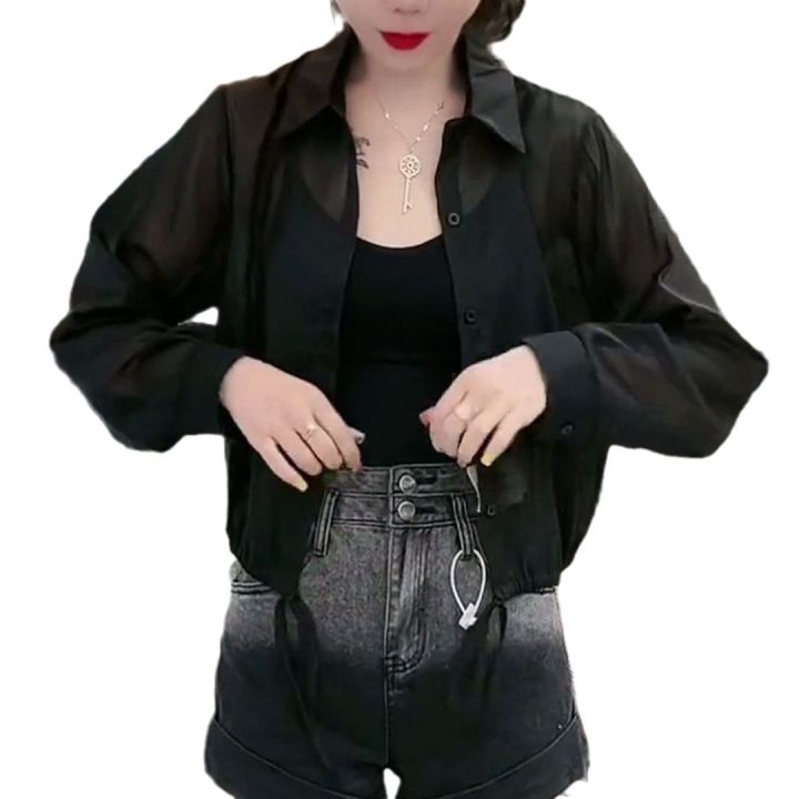 Scheming%20Top%20Long-Sleeved%20Fried%20Street%20Jacket%20Advanced%20Style%20Self-Retained%20Transparent%20Shirt%20Women's%20Ultra-Thin%20Outer%20Wear%20Cardigan%20Short%20-%20Image%205