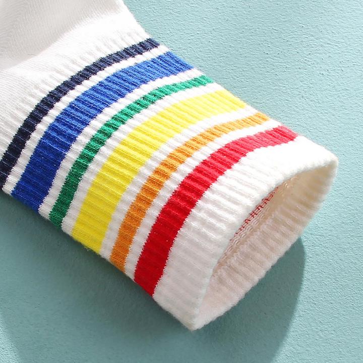 Rainbow Socks for Women Summer Mid-Calf Length SocksinsTrendy All-Match Cotton Socks Colorful Stripes Athletic Socks Internet Celebrity Stockings