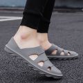 Closed-Toe Slippers Men's Summer Outdoor Non-Slip Deodorant Beach Sports Leather Sandals Hollow Driving Half Slippers Vietnam Hole. 