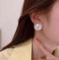 Trendy Half Round Big Simulated Pearl Stud Earrings for Girls Simple Stylish Top Set - White Statement Earring for Women - Korean Earrings Jewelry Wedding Gifts Kaner Dul for Girls. 