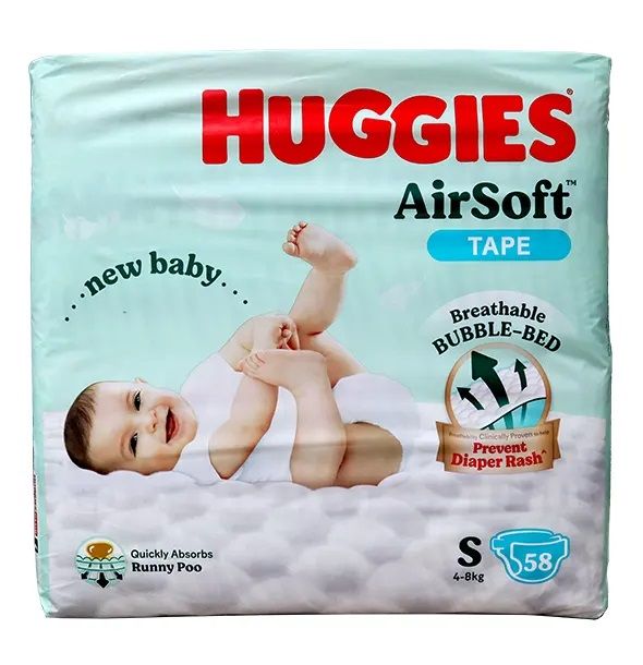 Huggies AirSoft Tape Super Jumbo Pack Small (S) Size (4-8) kg 58 pcs